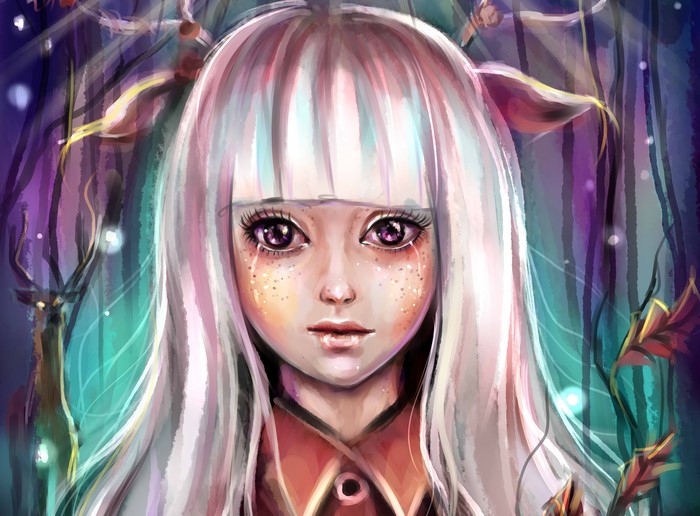 Painting Art of a Blonde Girl with Deer in Forest