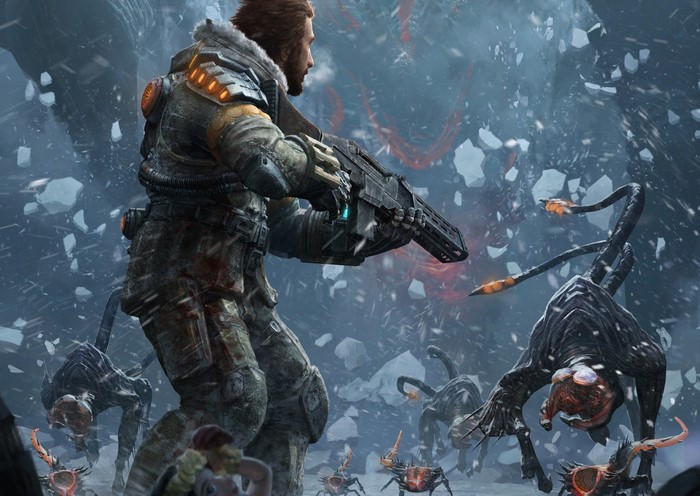 Man fighting monsters in a snowy environment from Lost Planet
