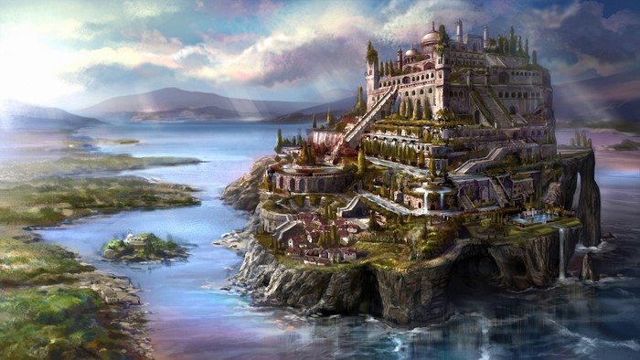 A fantastical palace on a cliff overlooking the sea