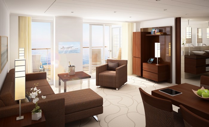 Luxury cruise ship suite living room with balcony view