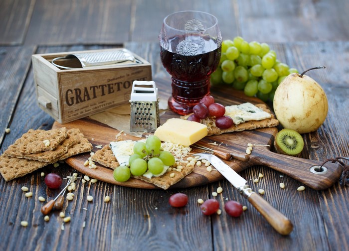 Cheese and Grapes Still Life with Wine and Grater