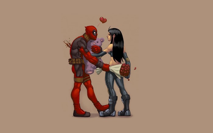 Deadpool and Domino with a teddy bear and roses