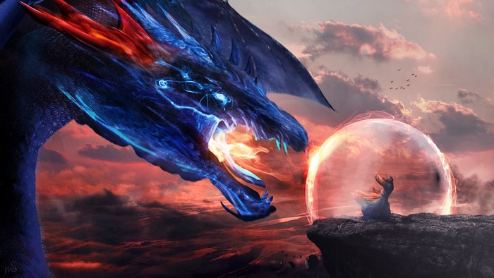 Blue Dragon breathing fire at a person in a magic shield