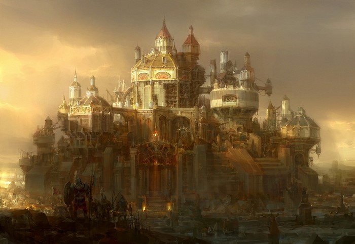 Fantasy castle under construction with soldiers