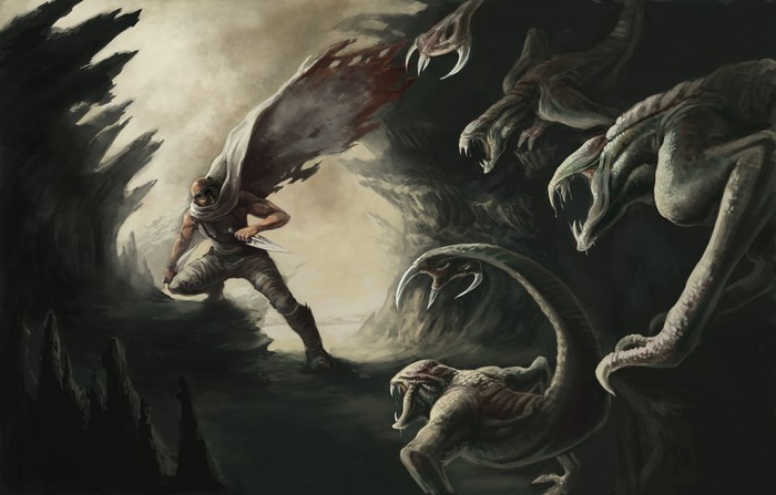 Warrior fighting monsters in a cave
