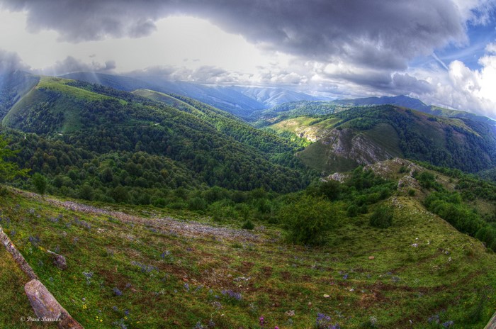 Mountainous landscape with green forests and dramatic clouds