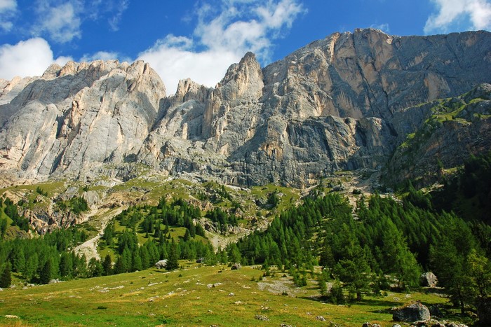 Mountains in Italy with green trees and blue sky