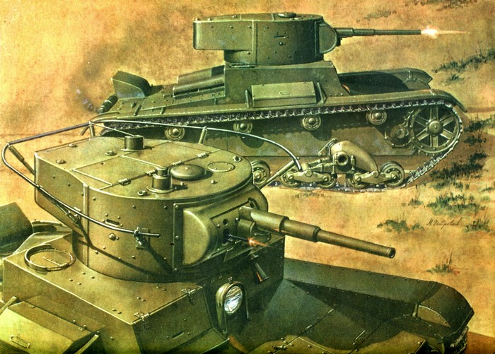 Painting of two T-26 tanks