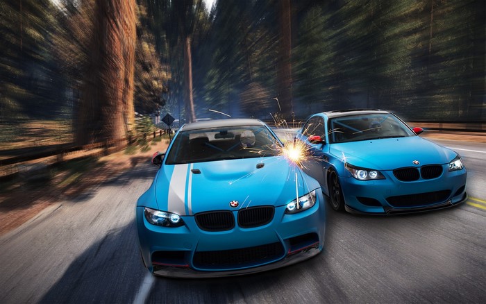 Two blue BMW M3 E92 and M5 E60 cars colliding