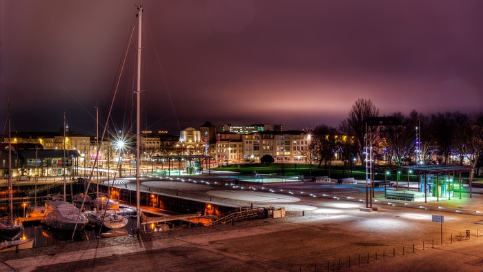 Night view of La Rochelle marina and city lights