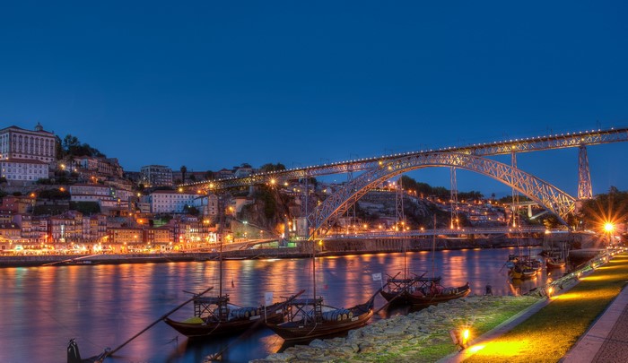 Dom Luís I Bridge over Douro River at Night, Porto, Portugal