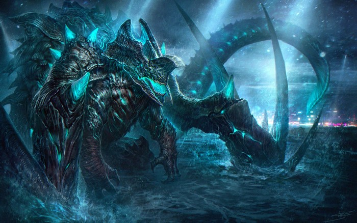 Massive bioluminescent monster in the ocean near a city