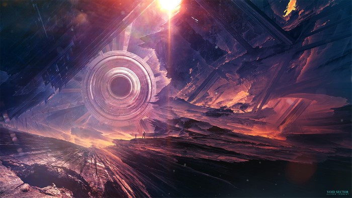 Sci-fi landscape with futuristic structure and figures