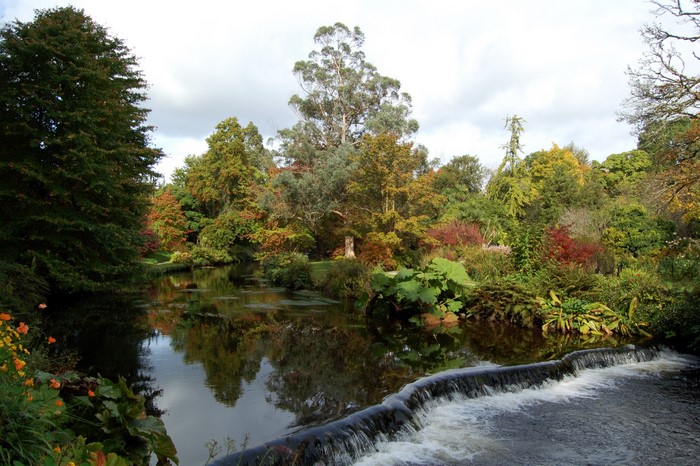 Mount Usher Gardens in Ireland with a pond and waterfall