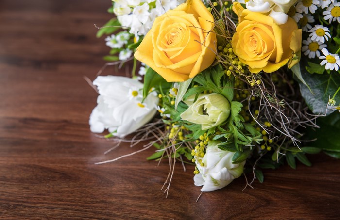 Bouquet of Yellow Roses and White Tulips