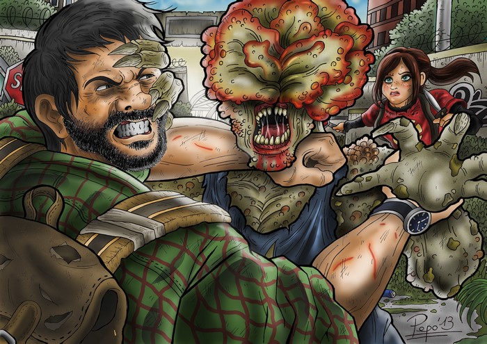 Joel and Ellie fighting a Clicker from The Last of Us