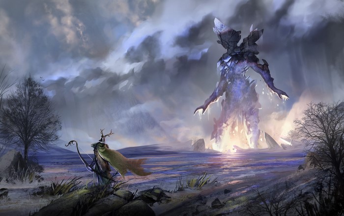 Archer facing a giant ice monster in a desolate landscape