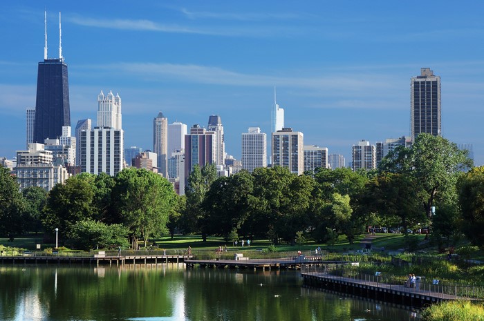Chicago City Skyline with Park and Lake