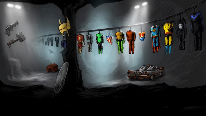Superhero costumes hanging in a cave with Batman's car