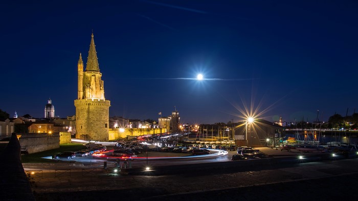 La Rochelle France at Night with Moon