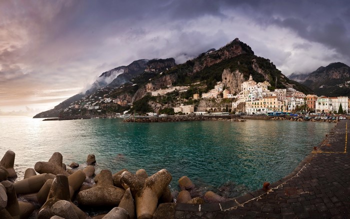 Amalfi Coast town in Italy with mountains and sea
