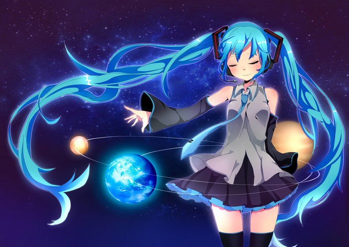 Hatsune Miku from Vocaloid with planets in space
