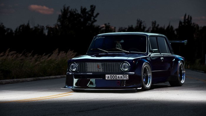 Tuned Blue Lada Front View at Night
