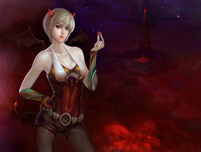 Blonde demon girl holding a red gem