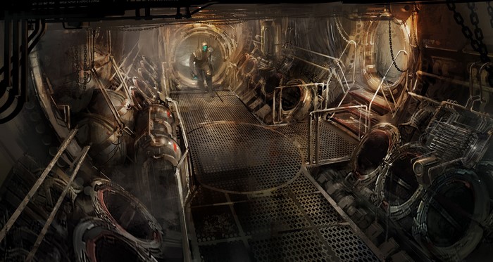 Isaac Clarke from Dead Space 3 in a spaceship corridor
