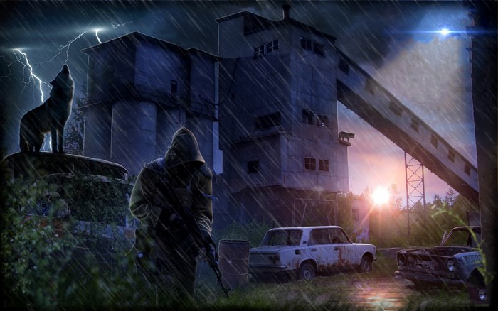 Stalker in the rain with wolves and lightning