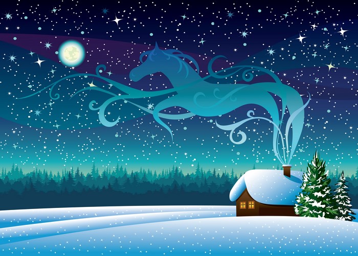 Vector graphic of a horse made of smoke over a snowy landscape at night