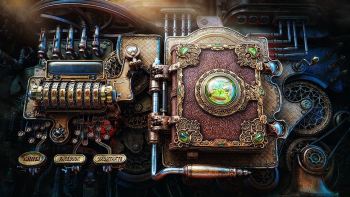 Steampunk Book with Mechanical Contraptions and Social Media Icons