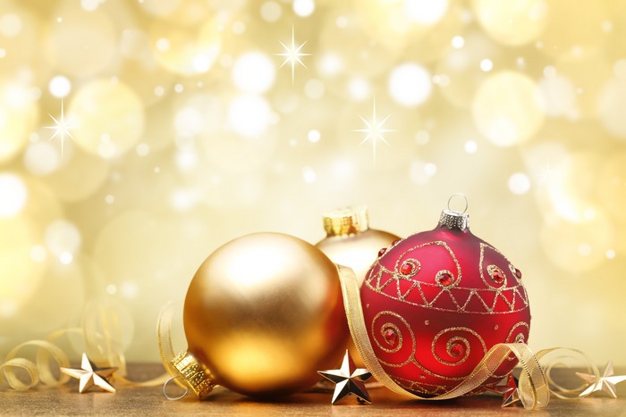 Christmas Balls with Golden Bokeh Background