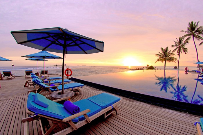 Resort infinity pool at sunset with palm trees
