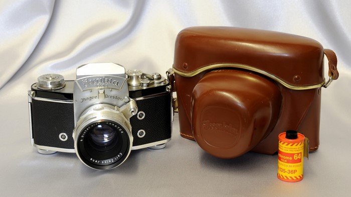 Exakta VX IIa camera with leather case and film