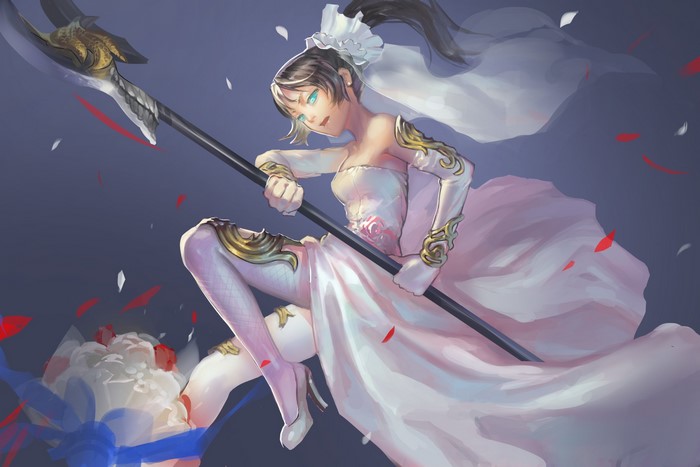 Woman in wedding dress holding a spear