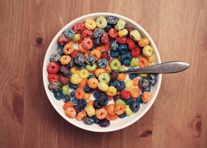 Bowl of colorful cereal with spoon