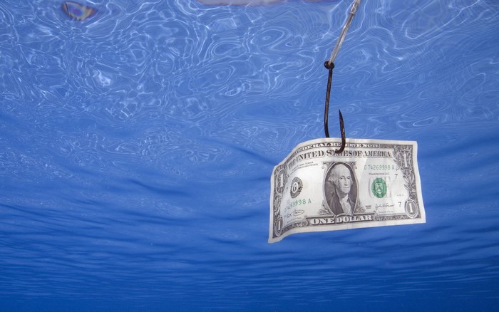 One Dollar Bill on Fishing Hook Underwater