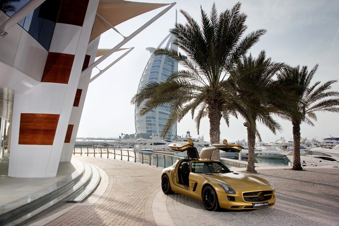 Mercedes-Benz SLS AMG Desert Gold with Burj Al Arab