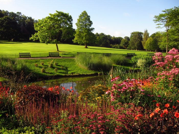 Park with pond and flower garden