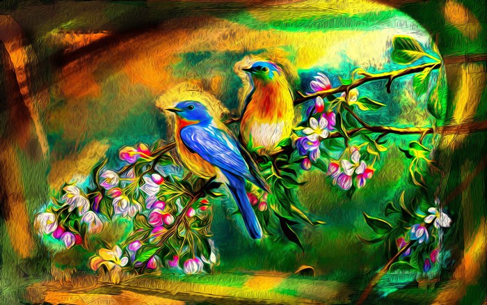 Two birds on branches with flowers