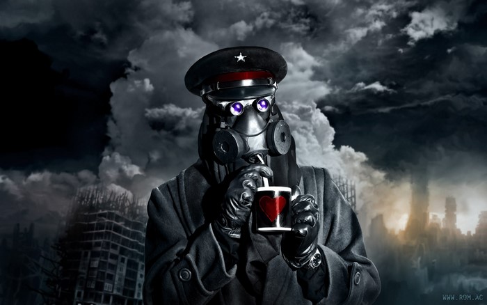Man in gas mask and hat drinking from mug