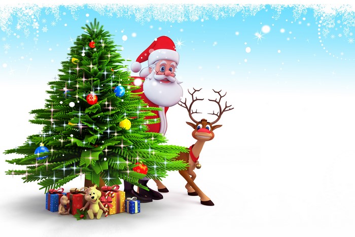 Santa Claus, Christmas Tree, Reindeer, and Gifts