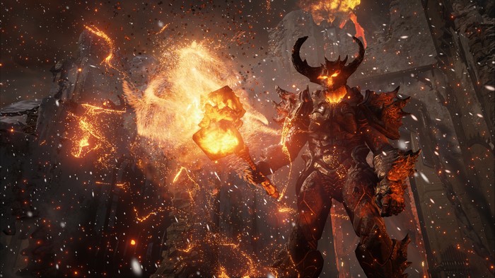 Demon with war hammer and fire in Unreal Engine 4