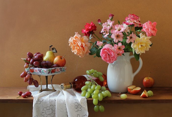 Still-life with fruit, flowers, and wine bottle