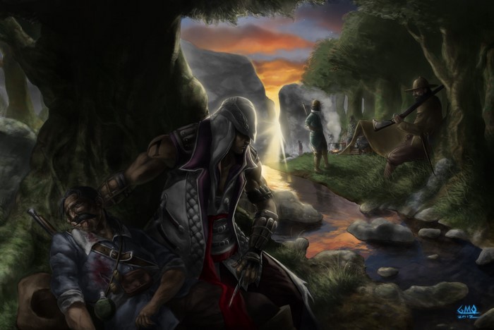 Assassin from Assassin's Creed near a stream with fallen soldier