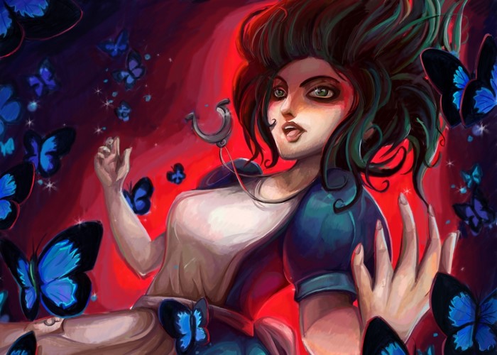 Alice from American McGee's Alice surrounded by butterflies