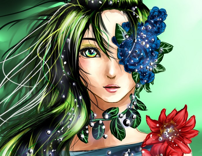 Anime girl with green hair and flowers