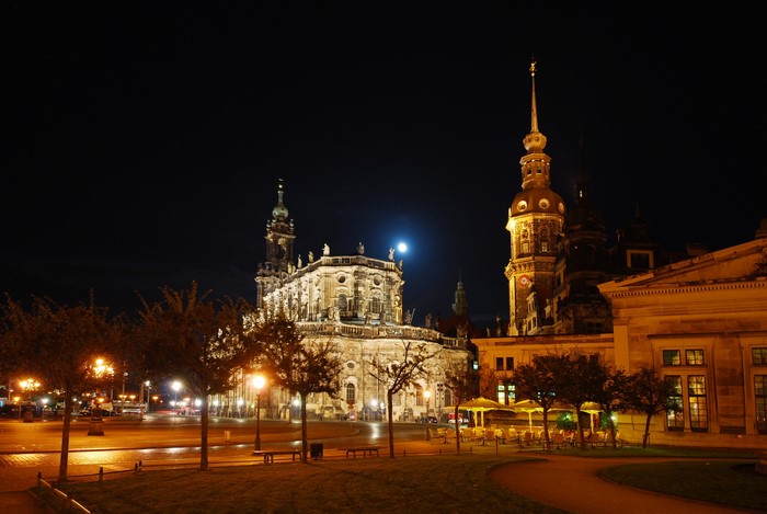 Dresden, Germany at Night with Moon