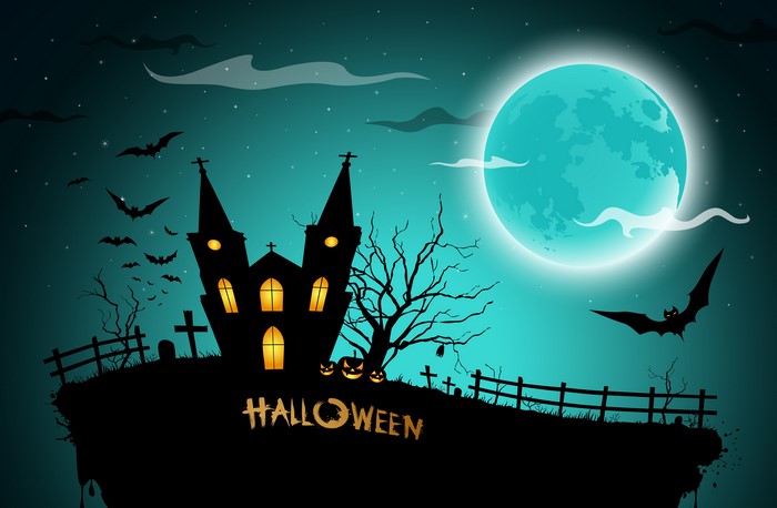 Halloween haunted house with bats and moon